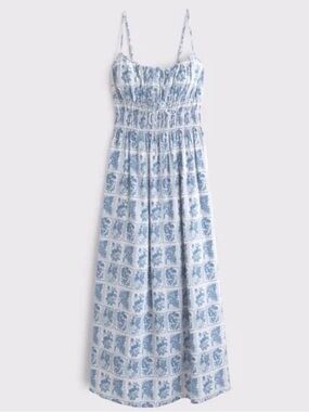 Abercrombie & Fitch White & Blue Mediterranean Stamp Patterned Cami Maxi Dress
